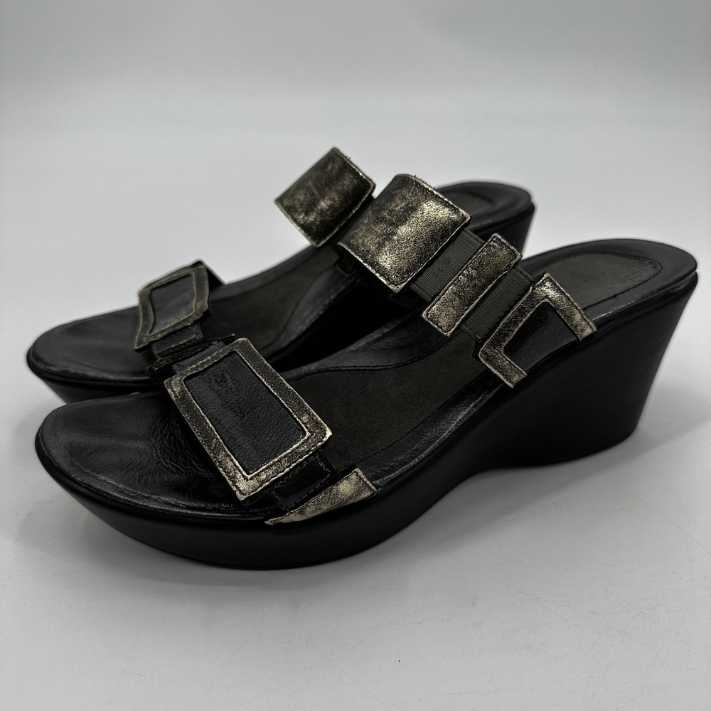 Naot Womens Metallic‎ Distressed Black Leather Wedge Slide Sandals Buckle Punk